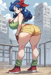 1girls ai_generated ass big_ass big_breasts blue_hair breasts dragon_ball dragon_ball_z female good_launch headband launch red_headwear short_shorts shorts soles solo solo_female tank_top tight_shorts tight_topwear