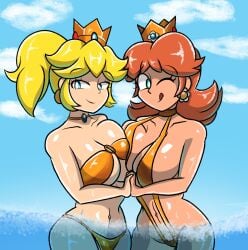 2d 2girls ass bare_hips bikini blonde_hair breasts brown_hair clothed cowboy_shot crown digital_media earrings female female_only flower_earrings gold_bikini jewelry large_breasts mario_(series) nintendo ocean one_eye_closed partially_underwater_shot ponytail princess princess_daisy princess_peach robvemoo sky slingshot_swimsuit swimming swimsuit tongue tongue_out underwater water wink