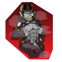 absurd_res anthro balls big_balls big_penis bodily_fluids canid canid_demon canine canis clothing demon ear_piercing facial_piercing genitals green_eyes grey_body hellhound hi_res horn male mammal muscular musk musk_clouds musky_penis mythological_canine mythological_creature mythology nipples nose_piercing pecs penis piercing ryuzka solo sweat torn_clothing wolf