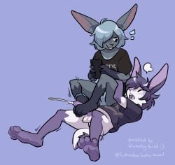 2025 anthro balls bittenbun blush bodily_fluids bottomless clothed clothing cum cumshot distracted distracted_sex duo ejaculation feet female foot_fetish foot_play footjob genital_fluids genitals humanoid_genitalia humanoid_penis lagomorph leporid looking_pleasured male male/female mammal mauve_(bittenbun) open_mouth penile penis rabbit sex shaking shirt shirt_only simple_background topwear topwear_only trembling