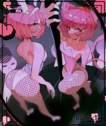 2girls animal_ears armpit bangs bare_back bare_shoulders blue_eyes bob_cut bottom_heavy breasts bunny_ears bunny_girl bunny_tail bunnysuit choker collarbone dancer dancing doki_doki_literature_club eyelashes faceless female female_focus female_only filming fishnet_stockings fishnets fluffy_hair half-closed_eyes heels high-angle_view high_heels hips hips_wider_than_shoulders hoshoidk humanoid large_ass medium_breasts natsuki_(doki_doki_literature_club) pale-skinned_female pale_skin pink_hair playboy_bunny pole pole_dancing recording red_eyes sayori_(doki_doki_literature_club) shiny_skin slim_waist stockings tail wide_hips