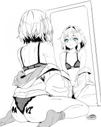 1girls ass black_and_white body_writing bra breasts bridget female green_eyes guilty_gear hoodie izumi_is_blah mirror panties ribbon socks teenager trans_woman transfem