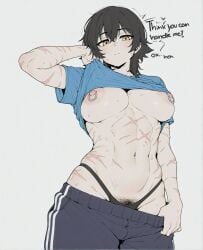 abs ai_assisted black_hair black_panties blue_shirt blush breasts closed_mouth clothes_lift clothes_pull english_text female female_pubic_hair hair_between_eyes large_breasts lifted_by_self looking_at_viewer muscular muscular_female navel nipple_piercing nipple_rings nipples panties pants pants_pull piercing pubic_hair pubic_hair_peek pulled_by_self scar scar_on_arm scar_on_face shirt shirt_lift short_hair short_sleeves simple_background solo sondu sweat sweatpants tomboy track_pants underwear white_background yellow_eyes