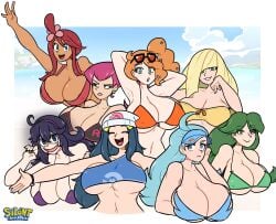8girls artist_name artist_signature beach_wear big_breasts bikini_top cheryl_(pokemon) cleavage_overflow color_wheel_challenge dawn_(pokemon) female hex_maniac jessie_(pokemon) kahili_(pokemon) lusamine_(pokemon) nintendo pokemon silenttandem simple_background skyla_(pokemon) sonia_(pokemon) sunglasses tagme white_border