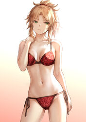 1girls black_and_red_bra black_and_red_lingerie black_and_red_panties blonde blonde_eyebrows blonde_eyelashes blonde_female blonde_hair blonde_hair_female bra breasts breasts_apart fate/grand_order fate_(series) female green_eyes lingerie looking_at_viewer mashu_003 mordred_(fate) mordred_(swimsuit_rider) panties picot_trim picot_trim_bra picot_trim_lingerie picot_trim_panties pinup red_lingerie red_panties side-tie_panties solo solo_female tagme underwear