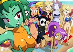 1boy 6girls after_sex all_fours anti_groove blonde_hair blue_skin bottomless cherry_tanuki cum_in_pussy doggy_style female green green_hair green_skin group group_sex long_hair male multiple_girls pirate_hat ponytail purple_hair red_eyes risky_boots rottytops shantae shantae_(character) sky_(shantae) twitch_(shantae) vinegar_(shantae) waiting_for_turn wayforward