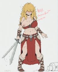 abs ai_assisted armor bangs bare_shoulders belt blonde_hair blush boots breasts cleavage covered_eyes cup drunk english_text female full_body fur_trim grin hair_over_eyes holding holding_sword holding_weapon large_breasts loincloth long_hair messy_hair mug muscular muscular_female navel nipple_piercing nipple_slip nipples pelvic_curtain piercing revealing_clothes scar scar_on_arm scar_on_leg scar_on_stomach simple_background smile solo sondu standing sweat sword weapon white_background