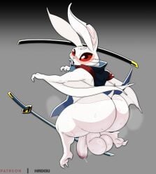 anthro ass backsack balls bat big_butt blush bodily_fluids claws flaccid fur genital_fluids genitals heismay_noctule hi_res huge_butt katana long_ears male mammal melee_weapon metaphor:_refantazio penis precum red_eyes satsui-n0-had0u solo sweat sword weapon white_body white_fur wings