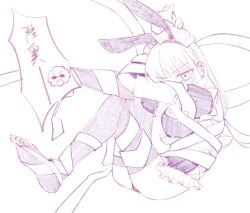 alternate_costume bound bound_wrists bunny_ears bunny_girl bunnysuit feet female female_only frills gintama long_hair looking_at_viewer maid maid_headdress maid_uniform monochrome mutsu_(gintama) offscreen_male restrained ribbon ribbon_bondage sakamoto_tatsuma sketch solo suriran suspension sweatdrop thighhighs