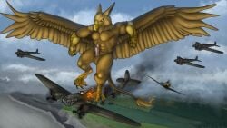 4_toes 5_fingers abs aircraft airplane altairxxx anthro avian balls beak biceps brown_body burning burning_vehicle carpo claws crush crushed_vehicle destruction erection extreme_size_difference feathered_wings feathers feet finger_claws fingers fire flying foot_crush genitals gryphon humanoid_genitalia humanoid_penis macro macro_anthro macro_male male military military_vehicle muscular muscular_anthro muscular_male mythological_avian mythological_creature mythology nude pawpads paws pecs penis pyronite(commissioner) shaded size_difference sky skyscape smile solo tail toe_claws toes vehicle vehicle_destruction vein veiny_penis wings world_war_2