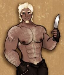bara blonde_hair body_hair cookie_run_kingdom dark-skinned_male fingerless_gloves goatee muscular muscular_male royal_margarine_cookie scar shirtless