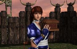 1girls 3d blue_kimono box brown_eyes brown_hair cleavage dead_or_alive female furbs3d high_ponytail kasumi_(doa) katana kimono kunoichi large_breasts