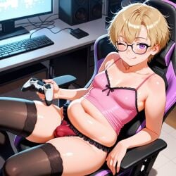 ai_generated bulge busty_boy camisole chubby civitai controller femboy femboy_with_breasts gamer gaming_chair panties plump sustaco