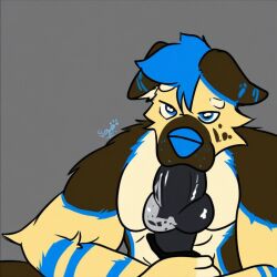 abs ai ai_generated blue_hair blue_stripes furry huge_dildo looking_at_viewer male muscular muscular_male pecs popufur shep_(shepgoesblep) sucking_dildo