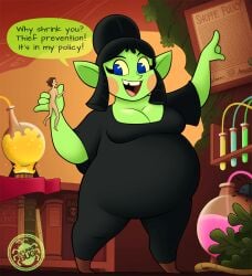 azalea big_female_small_male black_hair blue_eyes boob_window chubby_female deviantart digital_drawing_(artwork) english_text giantess gobbo_(spunkbug) goblin goblin_female goblin_girl green_skin holding_person larger_female male_human/female_goblin naked_male newgrounds newgrounds_link orange_cheeks original_character pointy_ears potion potion_bottle potions shopkeeper shrinking shrunken_male size_difference smaller_male text thespunkbug