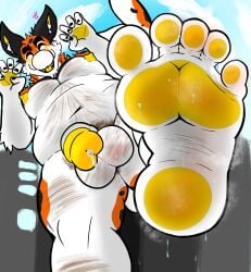 5_toes absurd_res anthro balls barefoot belly big_balls big_penis blush bodily_fluids body_hair city city_background dripping feet flaccid foot_fetish foot_focus genital_fluids genitals hairy hairy_balls hi_res humanoid_feet kairi_(thiccturtles) looking_at_viewer low-angle_view macro male manokit moobs nipples nude penis plantigrade precum precum_drip pubes solo solo_male sweat sweaty_feet thiccturtles toes worm's-eye_view
