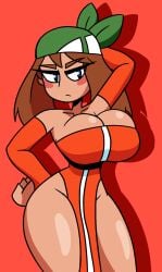 1girls 2d_(artwork) blush blushing digital_drawing_(artwork) digital_media_(artwork) dress expressionless female female_focus female_only hand_on_hip headgear headwear jaktroose looking_at_viewer may_(pokemon) pokemon pokemon_frlg pose posing raised_arm shadow simple_background thighs unamused