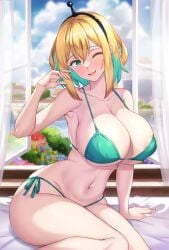 amano_pikamee bikini blonde_hair breasts collarbone female green_bikini green_eyes grey_hair highres indoors large_breasts looking_at_viewer multicolored_hair navel one_eye_closed open_mouth sharp_teeth shirokuma_a short_hair side-tie_bikini_bottom solo swimsuit teeth thighs twitter two-tone_hair virtual_youtuber voms window youtube