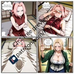 ai_generated bulge futanari intersex keyarga11222 manga manga_page manga_style naruto naruto_(series) naruto_shippuden parody sakura_haruno senju_tsunade text text_bubble tsunade tsunade_(naruto) tsunade_senju