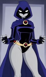 ai_generated belt black_fingerless_gloves clothed curvy dc female fingerless_gloves frown glowing_eyes grey_skin hood_up hooded leotard long_sleeves medium_breasts pixai purple_cape purple_hood raven_(dc) shadow_over_eyes simple_background solo thick_thighs white_eyes