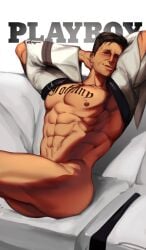 1boy abs arms_up ass chest_tattoo couch half_naked half_naked_male half_nude half_nude_male johnny_cage johnny_cage_(new_era) kakyjama legs male male_only mortal_kombat mortal_kombat_1_(2023) muscles muscular muscular_male no_visible_genitalia playboy_logo seated six_pack solo solo_male suggestive tagme tattoos