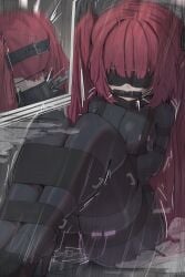 bit_gag black_blindfold blindfold bodysuit bound bound_arms bound_legs breasts chains collar egg_vibrator gag gagged high_heels highres latex latex_bodysuit medium_breasts original red_hair restrained sex_toy sitting twintails user_rnrr3735 vibrator