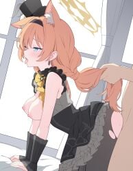 1boy absurdres all_fours animal_ears black_dress black_pantyhose blue_archive blue_eyes breasts cat_ears clothed_sex commentary_request doggy_style dress earrings extra_ears female halo highres idol_clothes jewelry jyt long_hair mari_(blue_archive) mari_(idol)_(blue_archive) medium_breasts nipples open_mouth orange_hair pantyhose sex sleeveless sleeveless_dress solo_focus straight tongue tongue_out torn_clothes torn_pantyhose yellow_halo