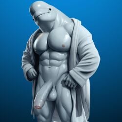 ai ai_generated anthro balls beluga bing_image_creator blue_background cetacean clothing foreskin genitals grey_body male muscular muscular_anthro muscular_male penis robe simple_background solo stable_diffusion whale