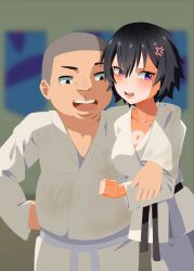 1boy 1girls anime_style black_hair bullying cuckold doujinshi embarrassed female harassment karate male manga mind_break model neckline netorare patreon skru submissive submissive_female ugly_man