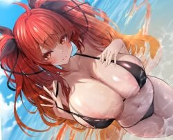 azur_lane bare_arms bare_shoulders bikini black_bikini black_ribbon blush breasts cleavage closed_mouth commentary female hair_between_eyes hair_ribbon hand_on_own_chest highres honolulu_(azur_lane) honolulu_(summer_accident?!)_(azur_lane) huge_breasts long_hair looking_at_viewer navel ocean raru_(nanaharararu) red_eyes red_hair ribbon sidelocks smile solo stomach swimsuit twintails