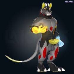 2018 3d anthro balls canine demon elemental erection fur laionss looking_at_viewer mammal nipple_piercing nipples nude penis piercing simple_background smile solo