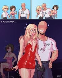 1girls 2boys bulge cheating comic crossdressing female femboy loggus_doggus male penis_under_clothes penis_under_dress red_dress