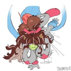 alien_girl animal_genitalia anus bent_over big_breasts blue_body bodysuit boots breasts brown_hair dark-skinned_female dickgirl fat_ass futanari genital_fluids heterochromia huge_ass huge_breasts intersex long_hair looking_back original_character original_characters sagging_breasts slug_girl stagbeetle sweaty_butt torn_clothes