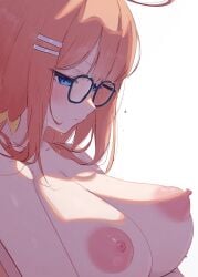 black-framed_eyewear blue_archive blue_eyes blush breasts closed_mouth feather_hair female from_side glasses highres large_breasts library_committee_(blue_archive) long_hair looking_down nipples no_bra nude orange_hair perky_breasts shimiko_(blue_archive) simple_background solo sweat tansui_san_(tcjp4784) trinity_general_school_student upper_body water_drop wet white_background