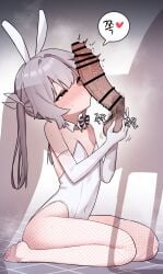 2boys animal_ears bar_censor bare_shoulders blush bow caressing_testicles censored elbow_gloves erection fake_animal_ears from_side gloves grey_hair hairbow highres ikr_(artist) kissing_penis leotard light-skinned_male light_skin long_hair male_focus male_playboy_bunny multiple_boys otoko_no_ko penis rabbit_ears sitting solo_focus speech_bubble testicles tongkkangi tongkkangi_(streamer) white_gloves white_leotard yaoi yellow_eyes