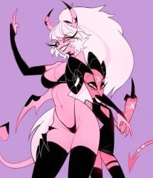 2demons demon demon_girl demon_girls demon_horns demon_tail demon_wings demoness demons helluva_boss helluva_venti imp looking_at_viewer middle_finger succubus succubus_horns succubus_tail succubus_wings verosika_mayday_(helluva_boss) yuri