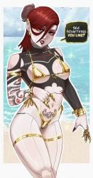 1girls arm_band bikini bikini_bottom bikini_top burnt_lewds gold_(metal) gold_bikini gold_jewelry golden_bikini hair_between_eyes incinerated_art jewelry lip_piercing lipstick long_fingernails makeup messy_bun micro_bikini oc original_character pierced_belly_button pierced_ears piercing piercings pubic_tattoo red_eyes red_hair solo solo_female solo_focus swimsuit swimwear tattoo tattoo_on_arm tattoo_on_chest tattooed_arm tattoos tied_hair
