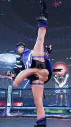 1futa 3d 3d_(artwork) accidental_exposure asian_futanari balls bandai_namco black_and_purple_hair boots breasts clothed_futanari clothes collar detailed_background fingerless_gloves futa_only futanari futanari_focus jacket leg_up namco penis penis_out public public_exposure purple_eyes reina_mishima ripped_clothes ripped_shorts short_hair surprised surprised_expression tekken tekken_8 tmgsando