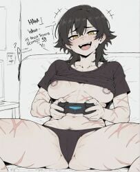 +++ abs ai_assisted black_hair black_panties blush breasts cameltoe clothes_lift controller couch english_text female female_pubic_hair game_controller hair_between_eyes holding holding_controller holding_game_controller indoors looking_at_viewer medium_breasts navel nipple_piercing nipples open_mouth panties piercing playing_games pubic_hair pubic_hair_peek scar scar_on_chest scar_on_face shirt shirt_lift short_hair short_sleeves sitting smile solo sondu speech_bubble spread_legs teeth tomboy underwear yellow_eyes