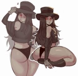 ambiguous_gender ass big_ass black_hair boots fat_ass guilty_gear guilty_gear_strive hat kneeling long_hair looking_back red_eyes testament_(guilty_gear) underwear widisu