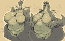 2girls after_transformation anthro ass ass_bigger_than_head big_ass big_breasts big_butt breasts breasts_bigger_than_head breastwizard bubble_butt chubby chubby_female curvaceous curvy curvy_figure dragon dragon_girl dragon_horns dragon_wings female female_only glasses hair_over_eyes huge_ass huge_breasts long_hair monochrome no_nipples nude puffy_lips scalie tail thick_thighs voluptuous voluptuous_female wide_hips wings