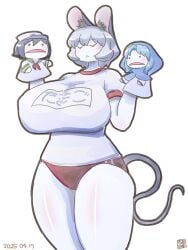 :< alternate_breast_size alternate_costume animal_ear_fluff animal_ears blush breasts buruma closed_eyes closed_mouth colored_skin cookie_(touhou) cowboy_shot dated female flour_(cookie) grey_hair gym_uniform hand_puppet highres huge_breasts impossible_clothes impossible_shirt itini-sanshi kumoi_ichirin milk_(cookie) mouse_ears mouse_girl mouse_tail murasa_minamitsu name_tag nazrin nyon_(cookie) puppet red_buruma shirt short_hair simple_background solo t-shirt tail touhou white_background white_shirt white_skin