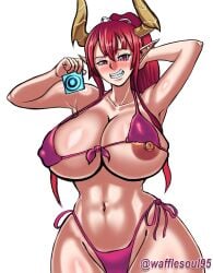 bikini bikini_aside bikini_bottom breasts condom condom_wrapper demon demon_girl demon_horns disgaea disgaea_7 exposed_breasts higan_zesshosai huge_breasts large_breasts nipples nippon_ichi_software skimpy_bikini wafflesoul