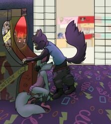 anthro arcade bodily_fluids canid canine cloe_(powerfulcrumpets) cloe_supraari clothed clothing collar cum cum_in_mouth cum_inside domestic_cat duo felid feline felis fellatio female fox genital_fluids hi_res locked male male/female mammal oral panties penile powerfulcrumpets print_clothing print_panties print_underwear public sex underwear upskirt