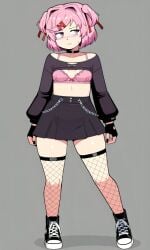 ai_generated black_choker black_fingerless_gloves black_fingernails black_shirt black_shoes black_skirt blush choker clothed converse_shoes curvy doki_doki_literature_club female fishnet_thighhighs hair_ties natsuki_(doki_doki_literature_club) pink_bra pink_eyes pink_hair pixai red_hairtie small_breasts solo thick_thighs twintails