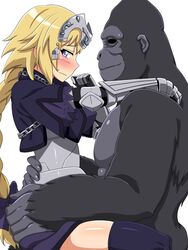 1boy 1girls black_legwear blonde_hair blue_eyes blush breasts clothed_sex covered_nipples cowgirl_position fate/apocrypha fate_(series) female female_human/male_feral feral gorilla highres human implied_sex interspecies jeanne_d'arc_(fate) jeanne_d'arc_(fate)_(all) kani_club large_breasts ponytail simple_background smile sweat thighhighs tiara white_background zoophilia