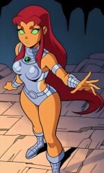 1girl 5_fingers ai_generated cliff curvy dc female green_eyes grey_boots grey_clothing long_hair medium_breasts no_pupils orange_skin pixai red_hair shiny_clothes solo starfire superheroine tan_skin