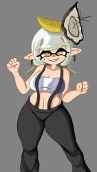 1girls alternate_costume black_pants black_suspenders breasts cleavage earrings female ghostlyshroom hair_ornament inkling inkling_girl looking_at_viewer marie_(splatoon) marie_(summer_nights) navel nintendo official_alternate_costume pants pointy_ears solo splatfest splatoon splatoon_3 summer_nights_splatfest suspenders tentacle_hair