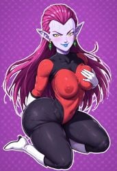 ai_generated alien alien_girl alien_humanoid big_breasts big_thighs blue_lipstick blush bodysuit boots breast_grab breasts cocotte colored_skin dragon_ball dragon_ball_super earrings enormous_thighs female female_focus female_only gloves grabbing_own_breast huge_thighs humanoid lipstick massive_thighs nipple_bulge nipples nipples_visible_through_clothing pointy_ears purple_hair simple_background smirk sweat sweaty sweaty_body thick thick_thighs thighs white_gloves yellow_eyes zeca997