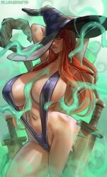 1girls 2025 arms_behind_head big_breasts biting_own_lip blush blushedarts dragon's_crown female female_only goo_tentacles hi_res huge_breasts large_breasts large_hat long_hair looking_down red_hair slingshot_swimsuit solo sorceress_(dragon's_crown) tentacle tentacle thick_thighs very_high_resolution wide_hips witch_hat